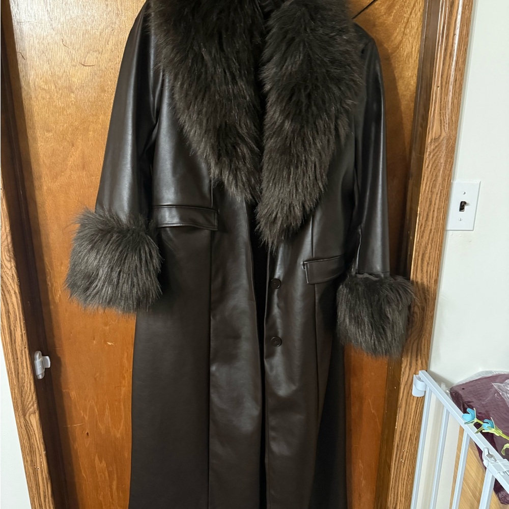 Ashley Graham Dark Brown Leather Jacket with Faux Fur Trim